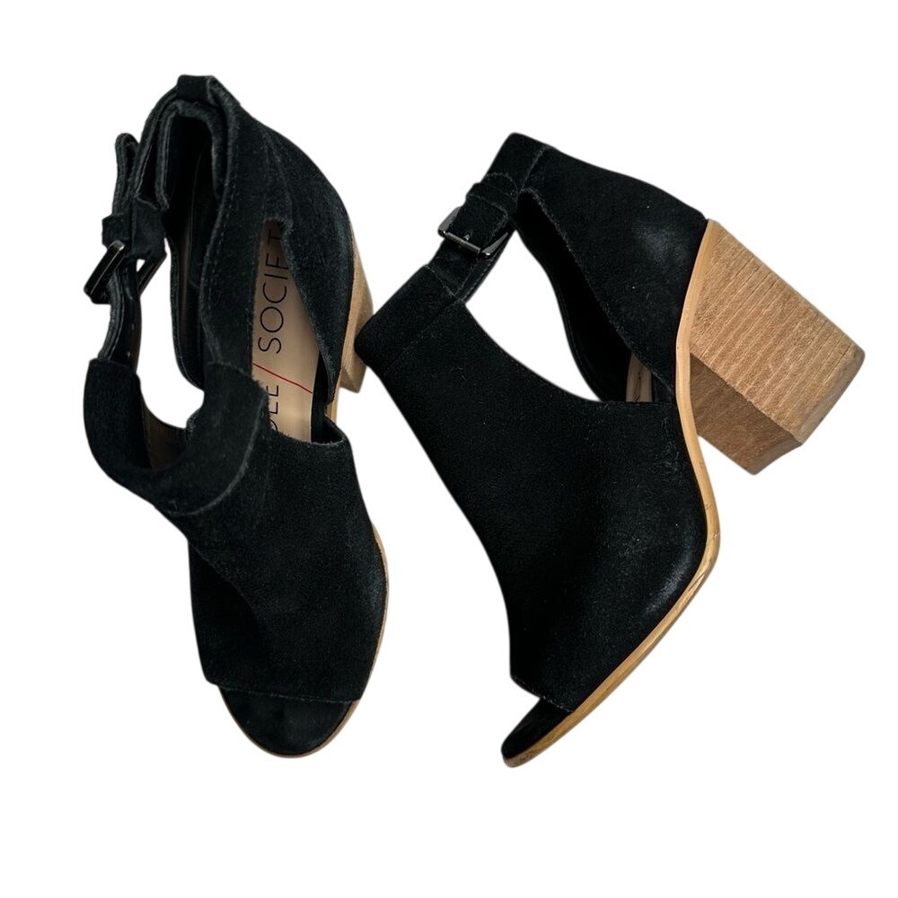 Sole Society Ferris Black Suede Block Heel Peep Toe Booties Sandals 7.5 boho